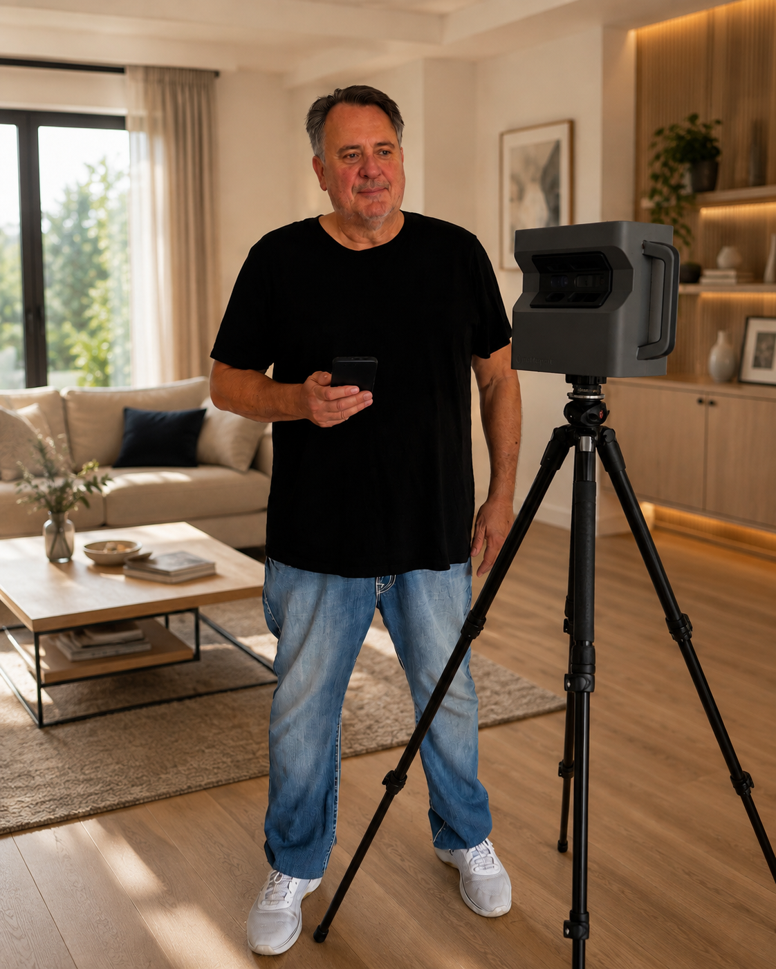 Heiko Schnörpel mit Matterport-Kamera in einem Wohnzimmer