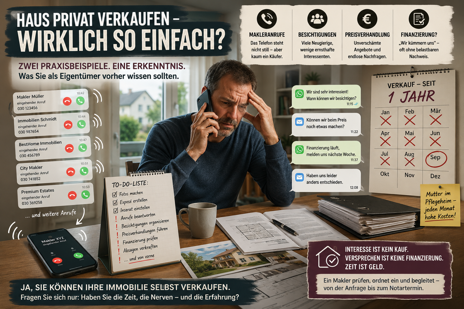Gestresster Eigentümer beim privaten Hausverkauf mit Anrufen, Preisverhandlungen und Finanzierungsfragen