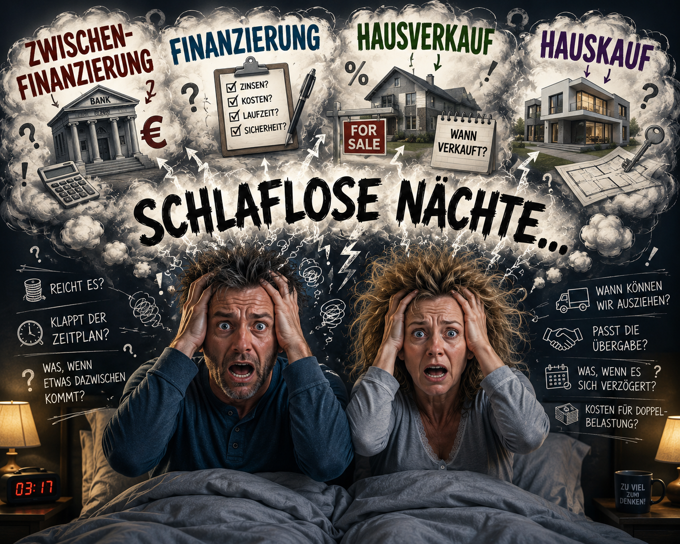 Paar mit schlaflosen Nächten wegen Zwischenfinanzierung, Hauskauf und Hausverkauf